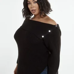 Fashion To Figure Amelia Split Collar Sweater With Snap Detail -Pleasures SHOP x a198cac3 fb08 4fe6 ab33 3878ca033cbb