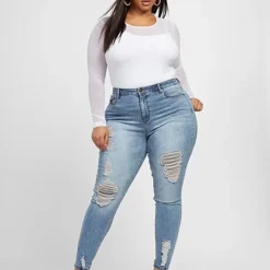 Fashion To Figure High Rise Destructed Skinny Jeans In Light Indigo -Pleasures SHOP x a5afa392 d79b 4e57 84a3 f7d4ffb1cdf5