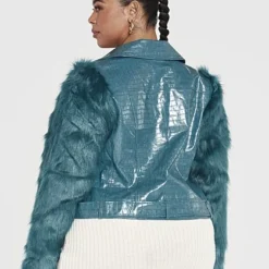 Fashion To Figure Jamila Croc Faux Leather Moto Jacket With Fur Sleeves -Pleasures SHOP x a8d1d01c da8f 4fb7 8b4b 49958d655bd0
