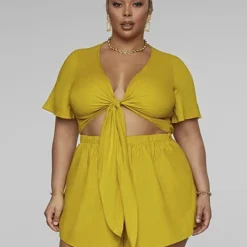 Fashion To Figure Val Tie Front Linen Romper - Gabi Fresh X FTF -Pleasures SHOP x ad955083 906c 4ae0 8ada a0f2049f7c53