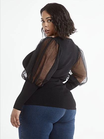 Fashion To Figure Adele Mixed Media Sweater With Chiffon Lantern Sleeves 2 Fashion To Figure Adele Mixed Media Sweater With Chiffon Lantern Sleeves - Image 2