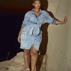 Fashion To Figure Marisa Tie Waist Denim Dress -Pleasures SHOP x b1a85c4f f818 4981 a95c 468693112bae