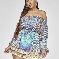 Fashion To Figure Ebony Off-The-Shoulder Print Romper - Garnerstyle X FTF -Pleasures SHOP x b1c11c68 8206 46cd bb6c 90daabb2b71b