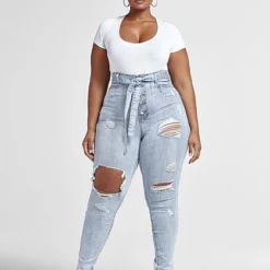 Fashion To Figure Ultra High Rise Tie Waist Destructed Skinny Jeans