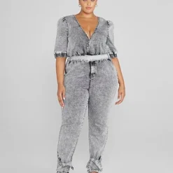 Fashion To Figure Hannah Belted Acid Wash Denim Jumpsuit