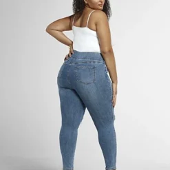 Fashion To Figure Blowout Knee Jeggings In Medium Blue Wash - Tall Inseam