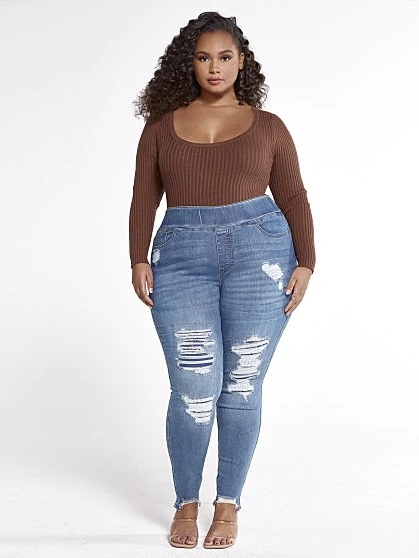 Fashion To Figure High Rise Medium Wash Destructed Jeggings 3 Fashion To Figure High Rise Medium Wash Destructed Jeggings - Image 3