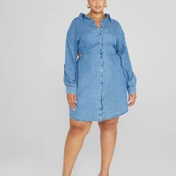 Fashion To Figure Bailey Open Back Chambray Denim Shirt Dress -Pleasures SHOP x bab8b519 20d0 40e5 9146 fbf130331f41