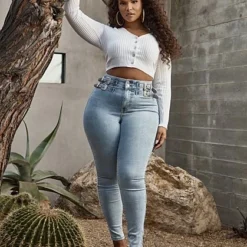 Fashion To Figure Light Wash Curvy Fit Skinny Jeans With Double Side Belt Details -Pleasures SHOP x bd916b77 2001 4a27 9ee3 aef35288577f