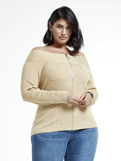 Fashion To Figure Penelope Off The Shoulder Front Zip Sweater 3 Fashion To Figure Penelope Off The Shoulder Front Zip Sweater - Image 3
