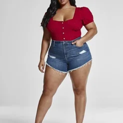 Fashion To Figure High Rise Denim Short Shorts With Raw Hem -Pleasures SHOP x be2d9d2e 0880 4241 a9e9 47117f2c15e5