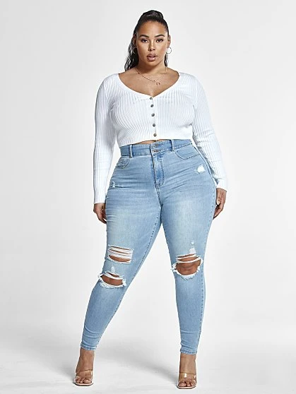 Fashion To Figure High Rise Curvy Fit Skinny Jeans With Blowout Knees - Tall Inseam 3 Fashion To Figure High Rise Curvy Fit Skinny Jeans With Blowout Knees - Tall Inseam - Image 3