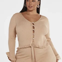 Fashion To Figure Yvonne Ribbed Knit Pearl Button Down Top -Pleasures SHOP x c07a3852 a505 4b7a b635 9cd4d87f3647