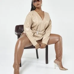 Fashion To Figure Karine Faux Leather Belted Wrap Jacket -Pleasures SHOP x c92e33b6 b167 4b45 92a7 b2b9fdfadbe6