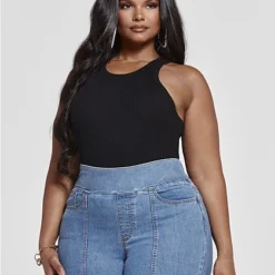 Fashion To Figure High Rise Medium Blue Wash Jeggings With Side Slits - Short Inseam