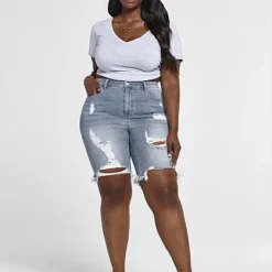 Fashion To Figure Medium Wash Destructed Bermuda Shorts -Pleasures SHOP x cdd3b351 1add 4ca1 894a 287f6f7aca20