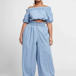 Fashion To Figure Alicia Paperbag Waist Chambray Wide Leg Pants -Pleasures SHOP x d1163969 e013 4ec3 9e0e c8b6324fd418