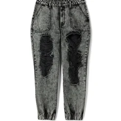 Fashion To Figure High Rise Acid Wash Destructed Denim Joggers