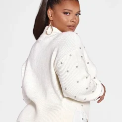 Fashion To Figure Carine Rhinestone Split Hem Sweater -Pleasures SHOP x d23dce45 3f0b 4f4e b712 07401a4a0602