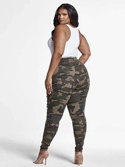 Fashion To Figure High-Rise Super Skinny Destructed Jeans In Green Camo 1 Fashion To Figure High-Rise Super Skinny Destructed Jeans In Green Camo