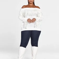 Fashion To Figure Marilyn Off The Shoulder Fringe Sweater -Pleasures SHOP x da1fe004 b786 45c2 aec7 516cc41df6e0