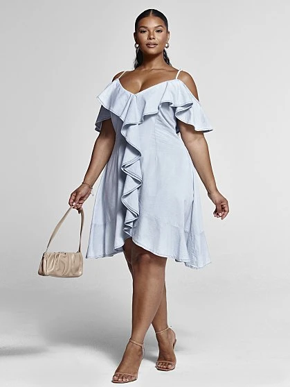 Fashion To Figure Patty Hi-Lo Ruffle Detail Denim Dress - SRV X FTF 1 Fashion To Figure Patty Hi-Lo Ruffle Detail Denim Dress - SRV X FTF
