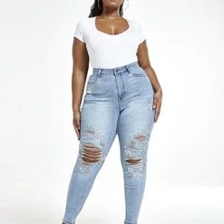 Fashion To Figure Light Wash High Rise Rhinestone Skinny Jeans