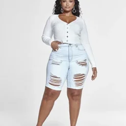 Fashion To Figure Light Wash High Rise Destructed Bermuda Shorts