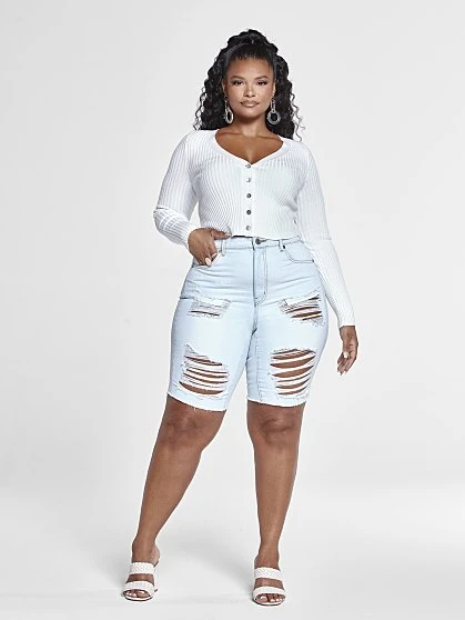 Fashion To Figure Light Wash High Rise Destructed Bermuda Shorts 1 Fashion To Figure Light Wash High Rise Destructed Bermuda Shorts