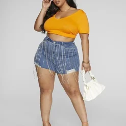 Fashion To Figure High Rise Denim Cutoff Shorts With Rhinestone Fringe