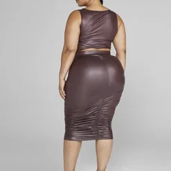 Fashion To Figure Chantel Leather Look Ruched Midi Skirt