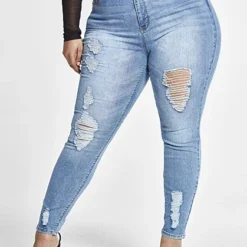 Fashion To Figure High Rise Destructed Skinny Jeans In Light Indigo