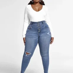 Fashion To Figure Medium Wash High Rise Button Fly Skinny Jeans - Short Inseam -Pleasures SHOP x e9d4aa30 7a38 4273 8197 3301239646c1