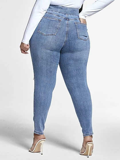 Fashion To Figure Blowout Knee Jeggings In Medium Blue Wash - Tall Inseam 5 Fashion To Figure Blowout Knee Jeggings In Medium Blue Wash - Tall Inseam - Image 5