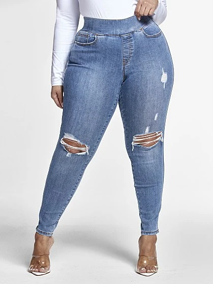 Fashion To Figure Blowout Knee Jeggings In Medium Blue Wash - Short Inseam 6 Fashion To Figure Blowout Knee Jeggings In Medium Blue Wash - Short Inseam - Image 6