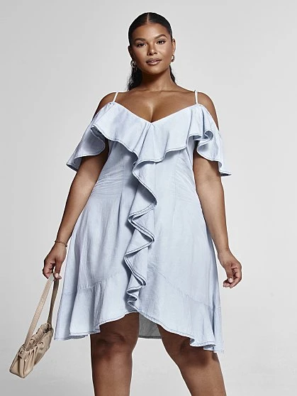 Fashion To Figure Patty Hi-Lo Ruffle Detail Denim Dress - SRV X FTF 3 Fashion To Figure Patty Hi-Lo Ruffle Detail Denim Dress - SRV X FTF - Image 3