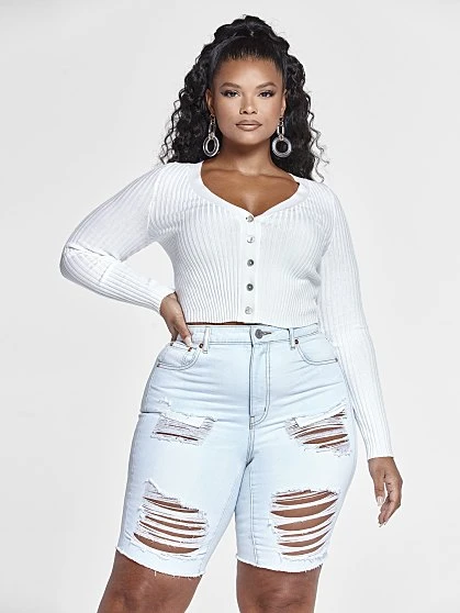 Fashion To Figure Light Wash High Rise Destructed Bermuda Shorts 3 Fashion To Figure Light Wash High Rise Destructed Bermuda Shorts - Image 3