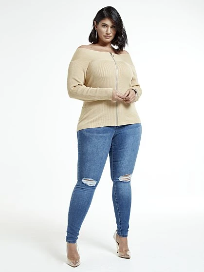 Fashion To Figure Penelope Off The Shoulder Front Zip Sweater 2 Fashion To Figure Penelope Off The Shoulder Front Zip Sweater - Image 2